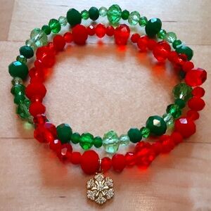 Set of 2 Glass Beaded Bracelets with Snowflake Charm